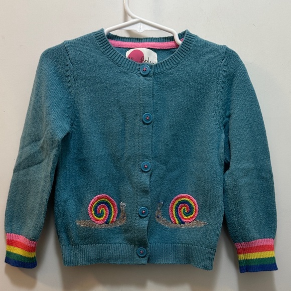 Mini Boden Other - Mini Boden Teal Blue Kids Cardigan with Snail 🐌 Rainbow 🌈 Embroidery